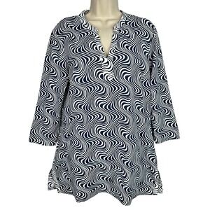J McLaughlin Catalina Cloth Tunic Top Women's L Blue White Wave Print 3/4 Sleeve